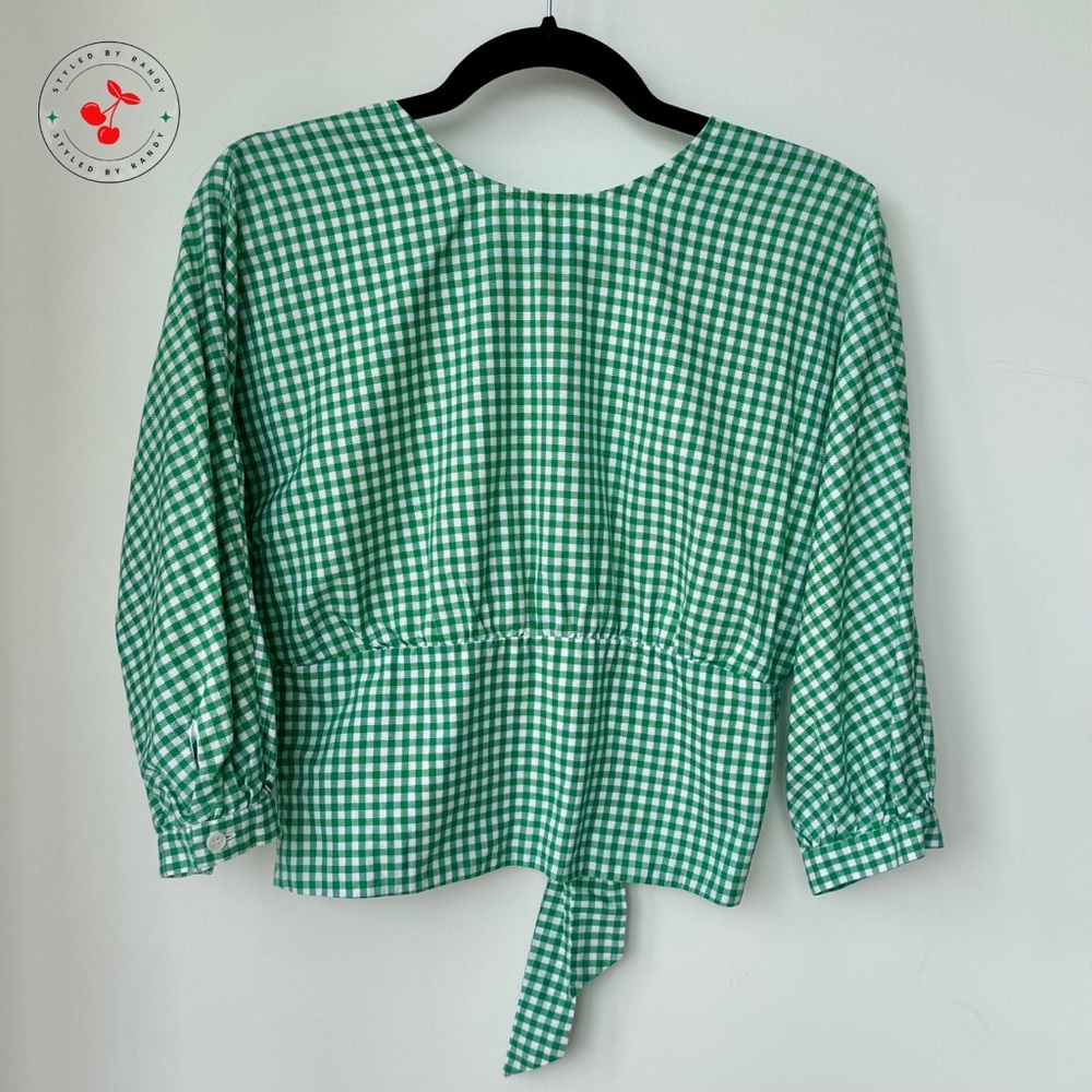MDS Stripes Louise Gingham Cotton Crop Top in Green and White